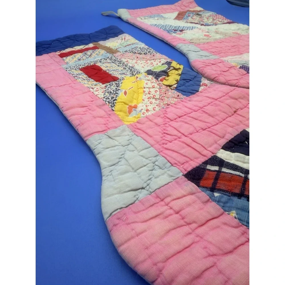 Vintage Handmade Patchwork Quilt Christmas Stockings Pair 23